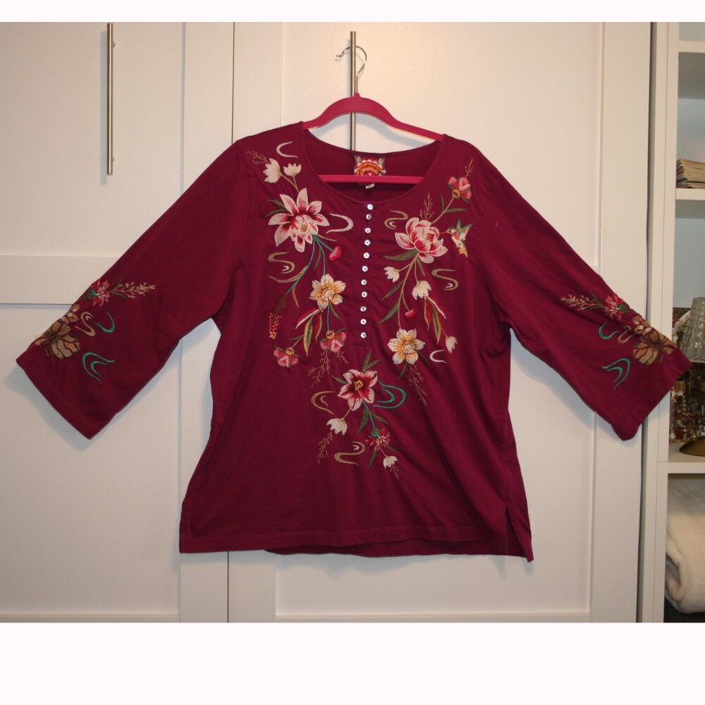 Johnny Was Fuchsia Floral Embroidered 3/4 Sleeves Blouse Size XL